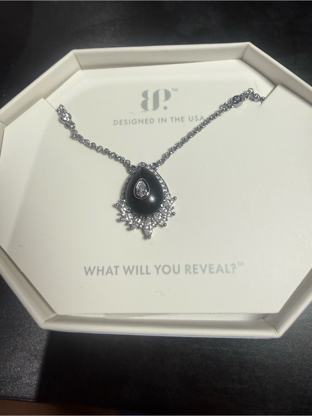 Teardrop Pendant Necklace with Black Inlay and Sparkling Accents and Earrings